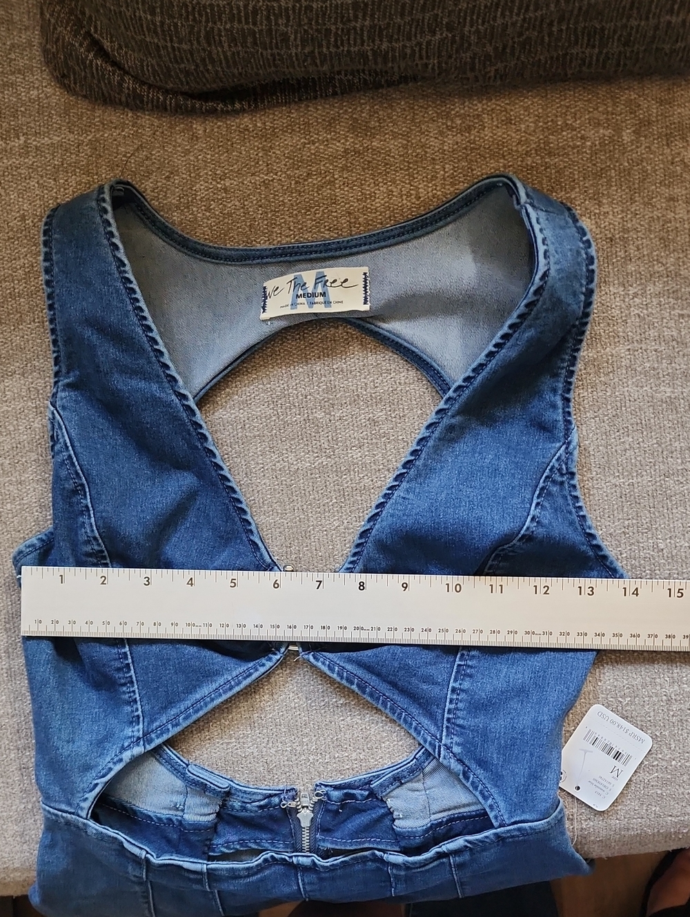 NWT We The Free Denim Cutout Jumpsuit Medium Open Back Blue Jean One Piece Wide - Picture 8 of 9